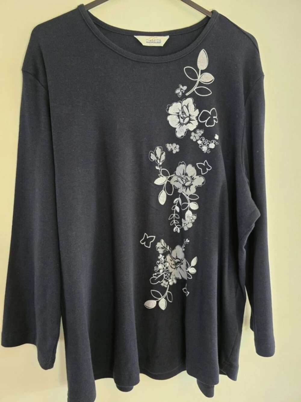 Classics Womens Black Floral Glitter Print Top 3/4 Sleeve Size UK 20 Cotton